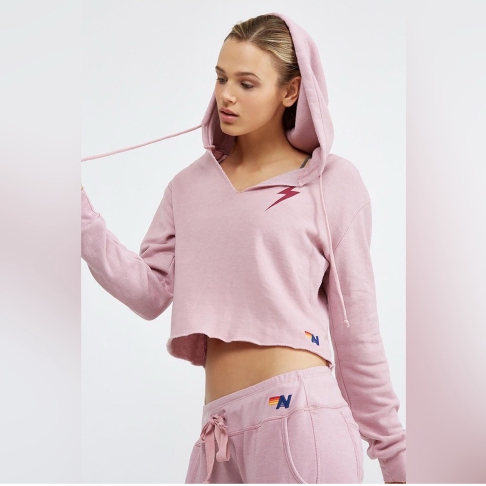 Aviator Nation Pink Cropped Hoodie with Lightning Bolt